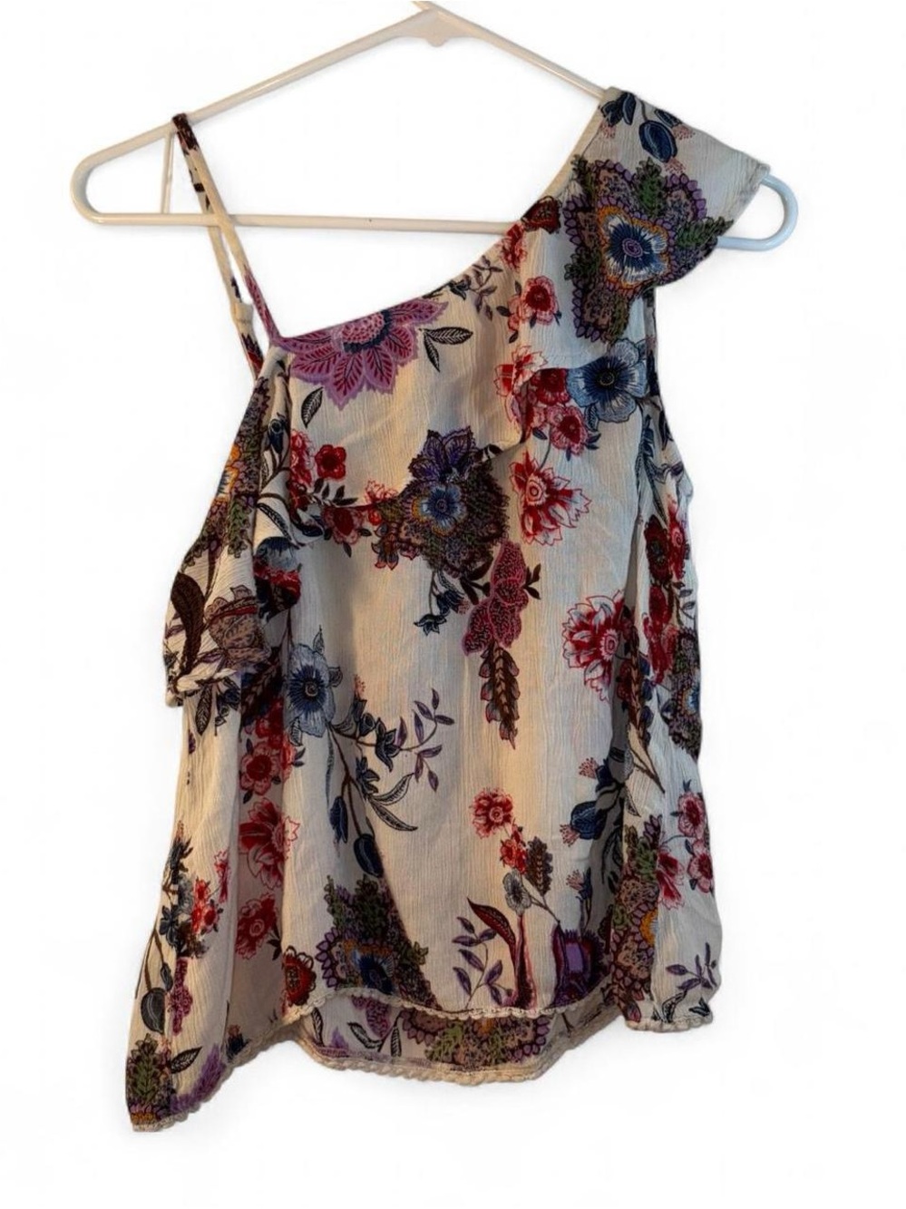 Patrons of Peace One-Shoulder Floral Top in white with Red, Blue, Purple Accents